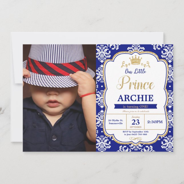 Little Prince 1st Birthday Royal Blue Damask Photo Inbjudningar (Framsida)