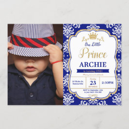 Little Prince 1st Birthday Royal Blue Damask Photo Inbjudningar
