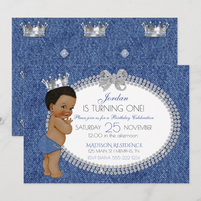 Little Prince African American Denim & Diamonds Inbjudningar (Fram/baksida)