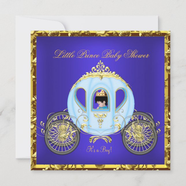 Little Prince Baby Shower Blue Guld Boy Carriage 2 Inbjudningar (Framsida)