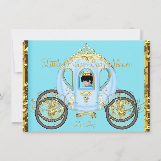 Little Prince Baby Shower Blue Guld Boy Carriage Inbjudningar (Framsida)
