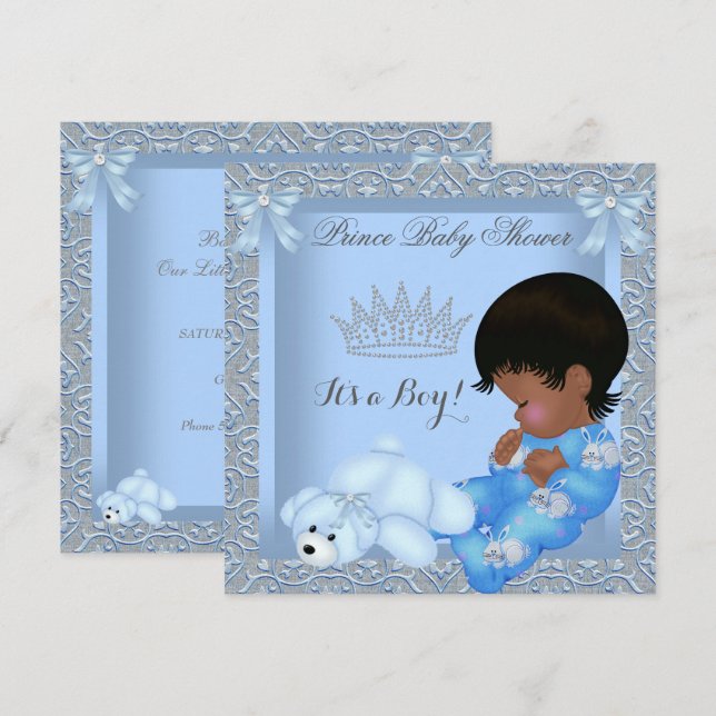 Little Prince Baby Shower Boy Blue Damask AM Inbjudningar (Fram/baksida)