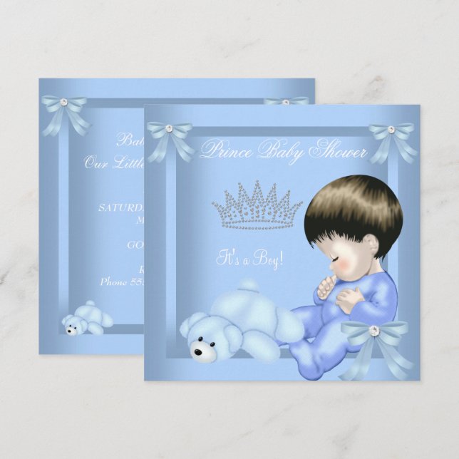 Little Prince Baby Shower Boy Blue Leksak Bear Inbjudningar (Fram/baksida)