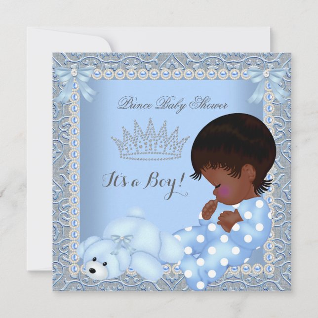 Little Prince Baby Shower Boy Blue Pearl Damask A2 Inbjudningar (Framsida)