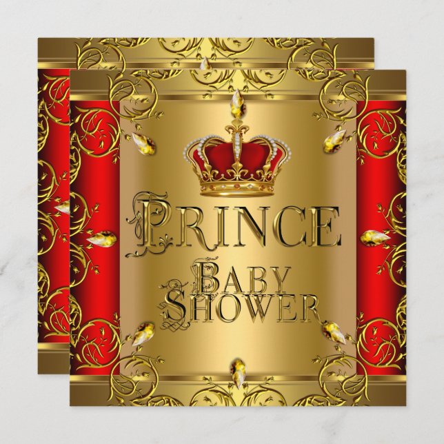 Little Prince Baby Shower Boy Regal Red Guld Krona Inbjudningar (Fram/baksida)