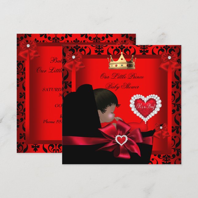 Little Prince Baby Shower Boy Regal Red Guld Pram Inbjudningar (Fram/baksida)