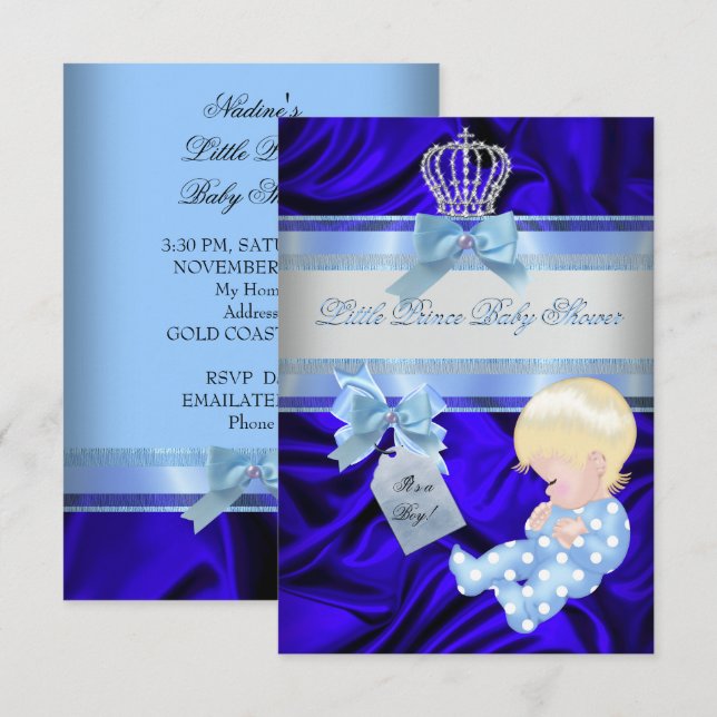 Little Prince Baby Shower Boy Royal Blue Blonde Inbjudningar (Fram/baksida)