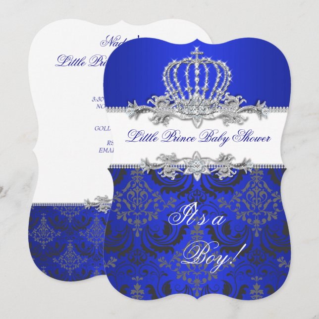 Little Prince Baby Shower Boy Royal Blue Krona 2 Inbjudningar (Fram/baksida)