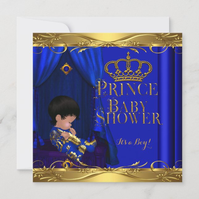 Little Prince Baby Shower Boy Royal Blue Krona 5z Inbjudningar (Framsida)