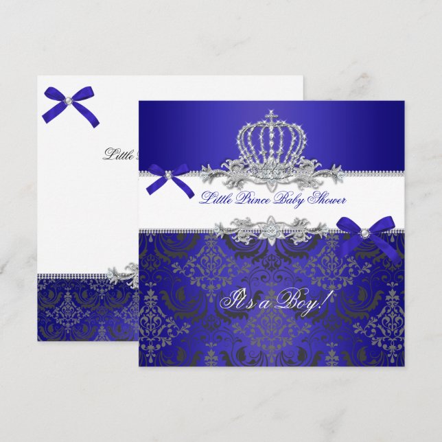 Little Prince Baby Shower Boy Royal Blue Krona Inbjudningar (Fram/baksida)