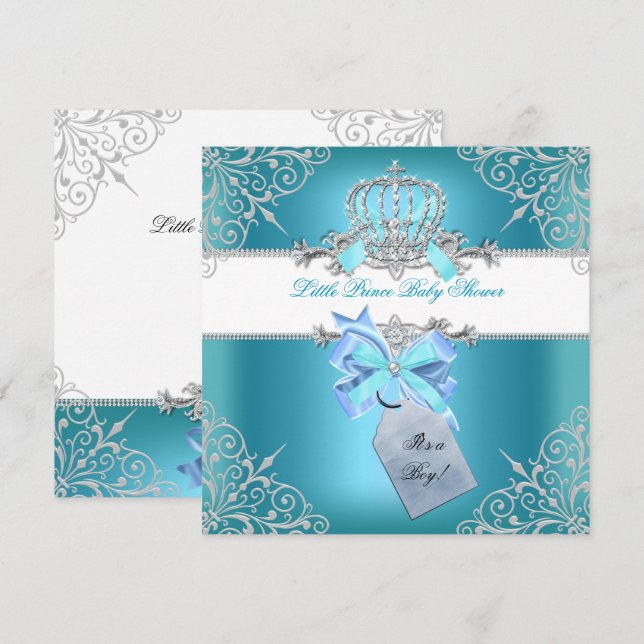 Little Prince Baby Shower Boy Teal Blue Krona 6 Inbjudningar (Fram/baksida)