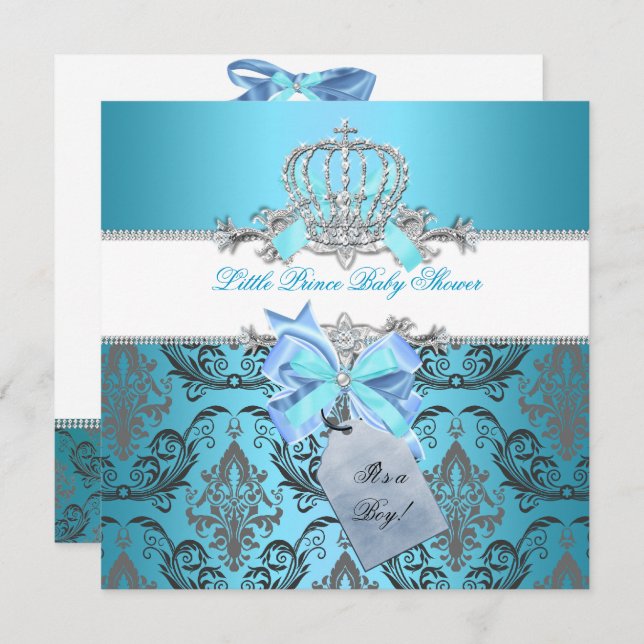 Little Prince Baby Shower Boy Teal Blue Krona 8 Inbjudningar (Fram/baksida)
