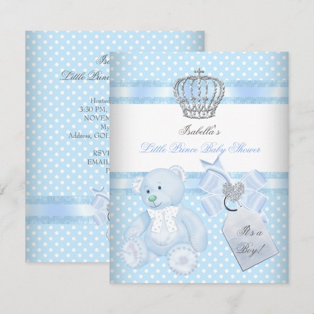 Little Prince Baby Shower Cute Boy Spot Bear Inbjudningar (Fram/baksida)