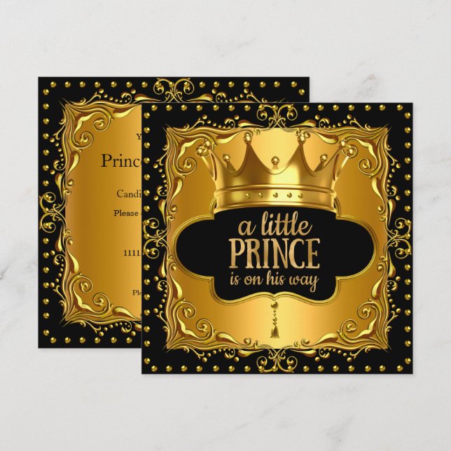 Little Prince Baby Shower Gold Foil Krona Black Inbjudningar (Fram/baksida)
