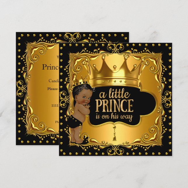 Little Prince Baby Shower Gold Foil Krona Ethnic Inbjudningar (Fram/baksida)