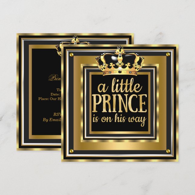 Little Prince Baby Shower Guld Faux foil Black Inbjudningar (Fram/baksida)