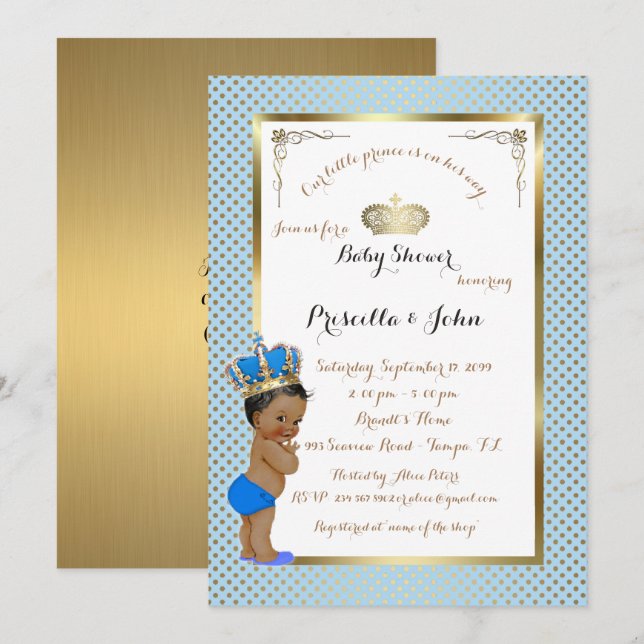 Little Prince Baby Shower-inbjudan, guld, blå Inbjudningar (Fram/baksida)