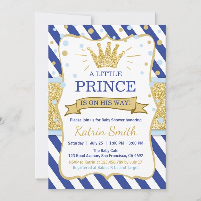 Little Prince Baby Shower Inbjudan Royal blue Guld (Framsida)