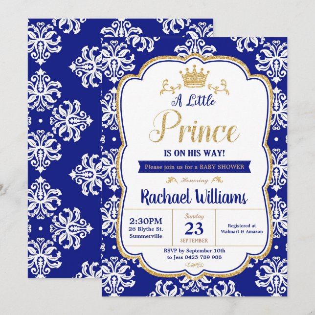 Little Prince Baby Shower Royal Blue Damask Boy Inbjudningar (Fram/baksida)