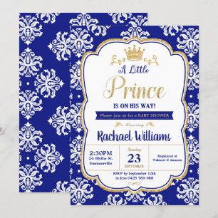 Little Prince Baby Shower Royal Blue Damask Boy Inbjudningar