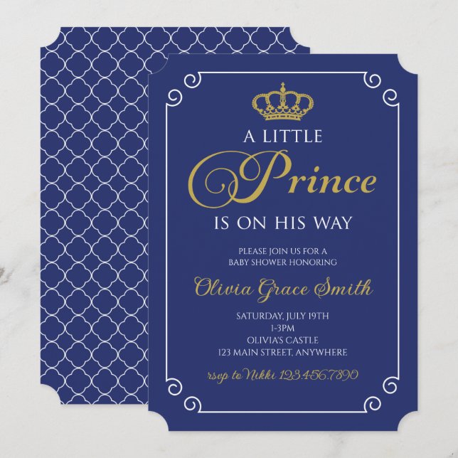 Little Prince Baby Shower Royal Blue Guld Invati Inbjudningar (Fram/baksida)
