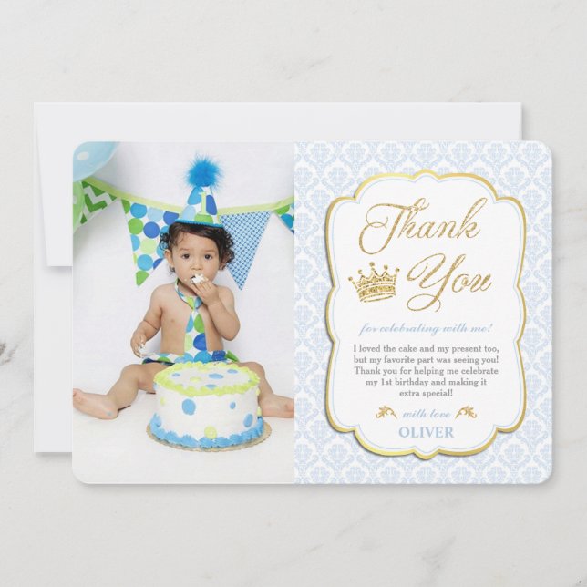 Little Prince Birthday Blue Damask Bild Tack Kort (Framsida)