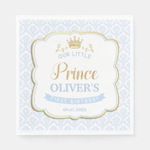 Little Prince Blue Damask Guld Krona 1:a födelseda Pappersservett