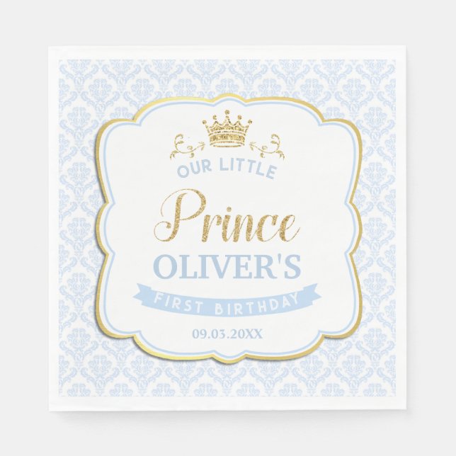 Little Prince Blue Damask Guld Krona 1:a födelseda Pappersservett (Framsidan)