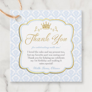 Little Prince Blue Damask Guld Krona Tack Gåvor Etiketter