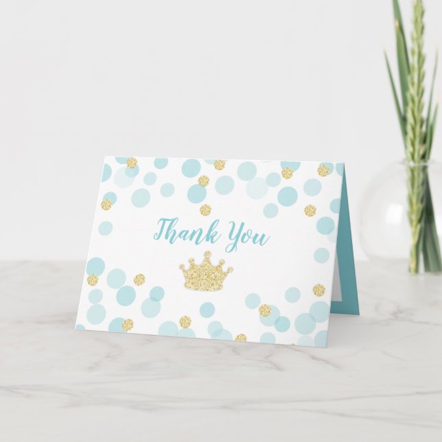 Little Prince Blue Guld Confetti Dots Baby Shower Tack Kort (Framsida)
