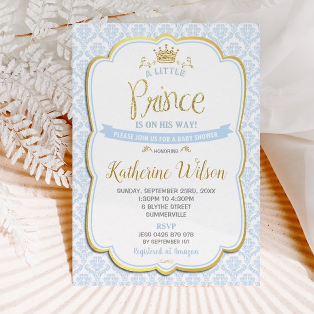 Little Prince Boy Shower Blue Damask Inbjudningar (Skapare uppladdad)