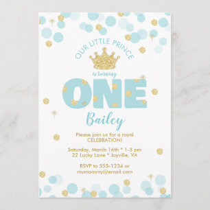 Little Prince First Birthday Blue Guld Inbjudningar