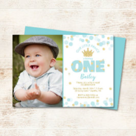 Little Prince First Birthday Blue Guld Photo Inbjudningar