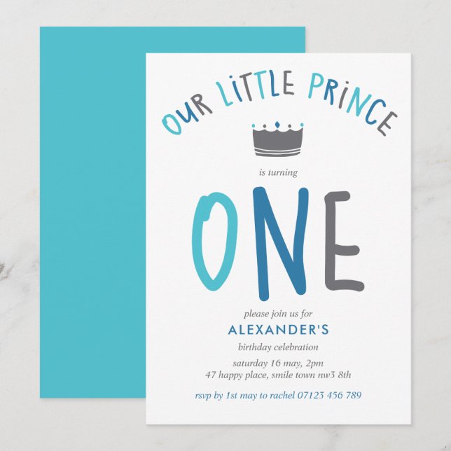 Little Prince First Birthday Blue Party Inbjudningar (Fram/baksida)
