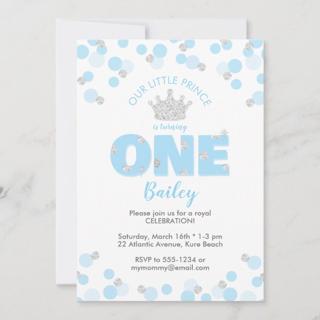Little Prince First Birthday Light Blue Silver Inbjudningar (Framsida)
