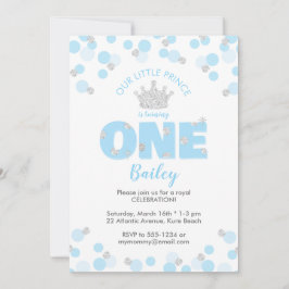 Little Prince First Birthday Light Blue Silver Inbjudningar