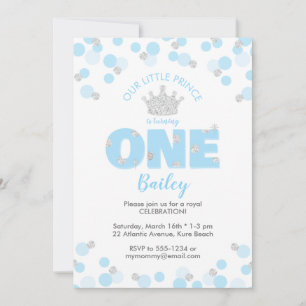 Little Prince First Birthday Light Blue Silver Inbjudningar
