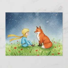 Little Prince Fox Watercolor Postcard Vykort