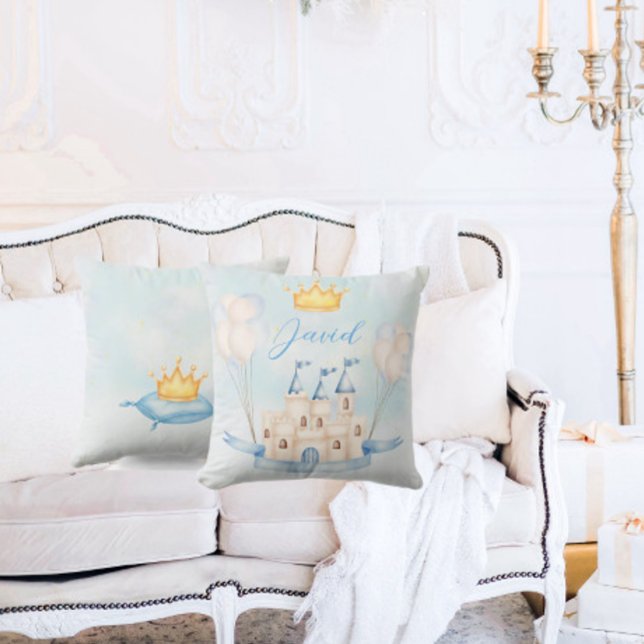 Little Prince guld krona Watercolor castle blue Kudde (Skapare uppladdad)