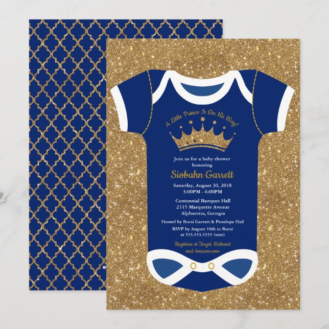 Little Prince Navy Blue & Royal Guld Baby Shower Inbjudningar (Fram/baksida)