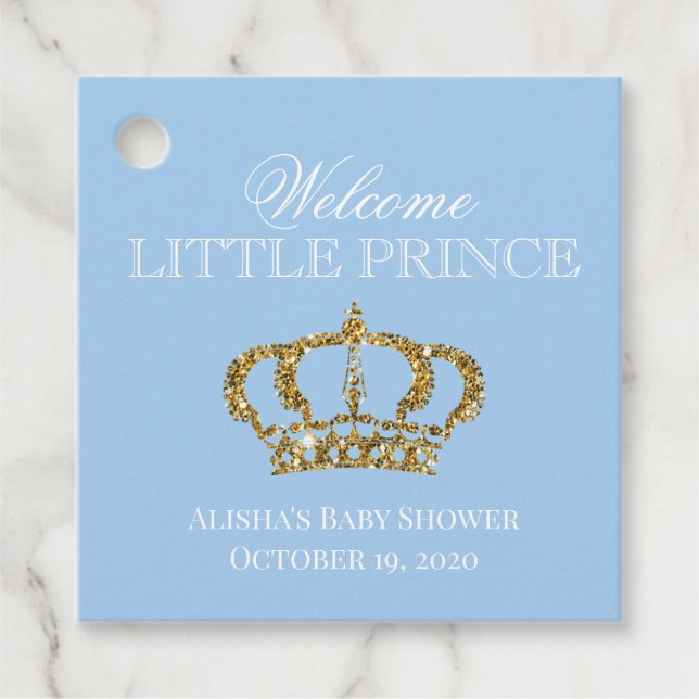 Little Prince Royal Baby blue och Guld Baby Shower Gåvor Etiketter (Framsida)