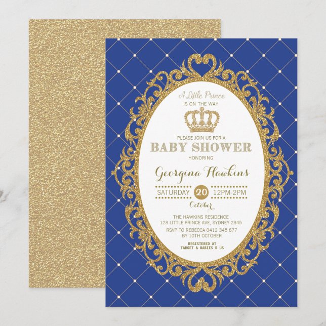 Little Prince Royal Blue Guld Baby Shower Inbjudan (Fram/baksida)