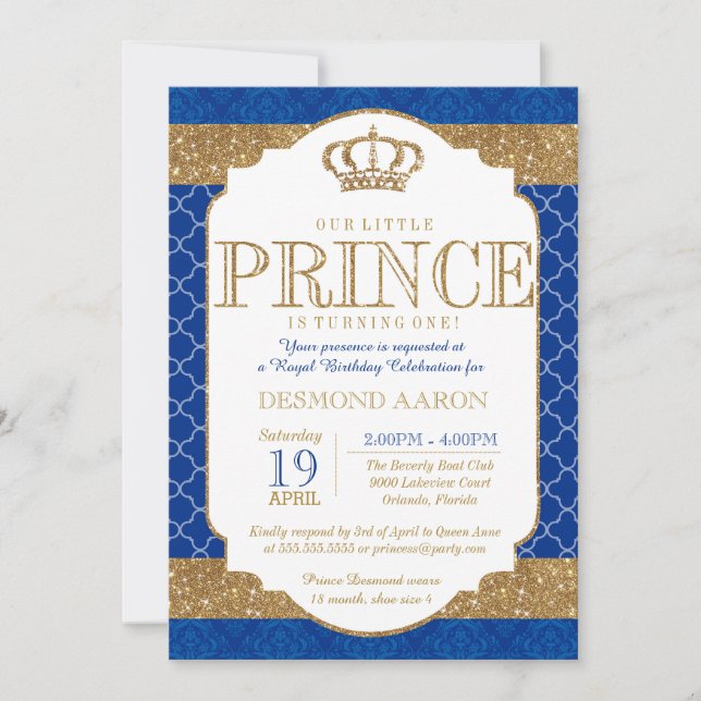 Little Prince Royal Blue Guld Birthday eller Showe Inbjudningar (Framsida)