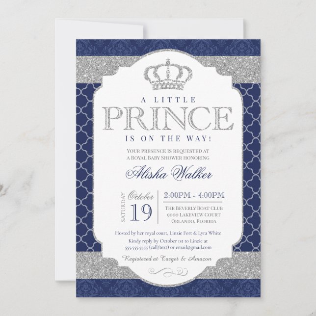 Little Prince Royal Blue och Silver Baby Shower Inbjudningar (Framsida)