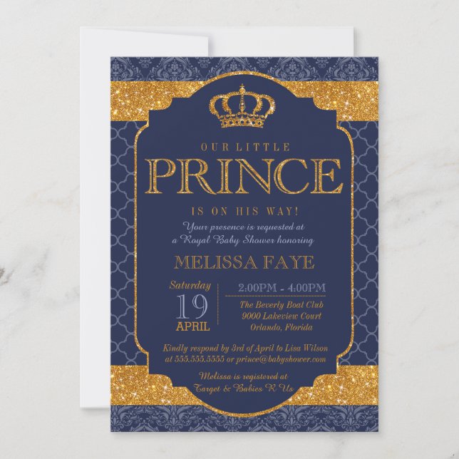 Little Prince Royal Navy Blue Guld Baby Shower Inbjudningar (Framsida)
