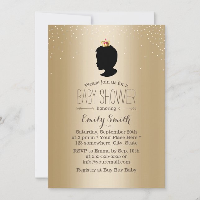 Little Prince Silhouette Guld Metallic Baby Shower Inbjudningar (Framsida)