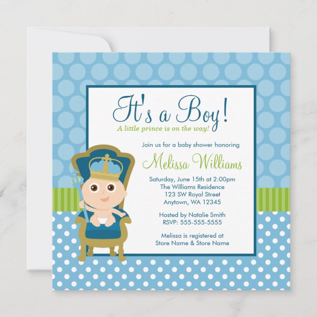 Little Prince Throne Polka Dot Boy Shower Inbjudningar (Framsida)