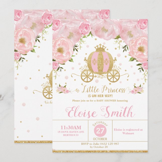 Little Princess Baby Shower Carriage Rosa Blommigt Inbjudningar (Fram/baksida)