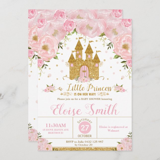 Little Princess Baby Shower Castle Rosa Blommigt Inbjudningar (Fram/baksida)