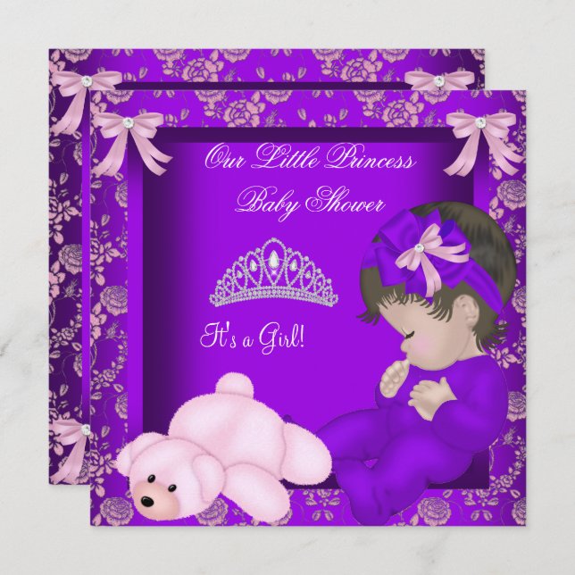 Little Princess Baby Shower Girl Lila Damask Inbjudningar (Fram/baksida)